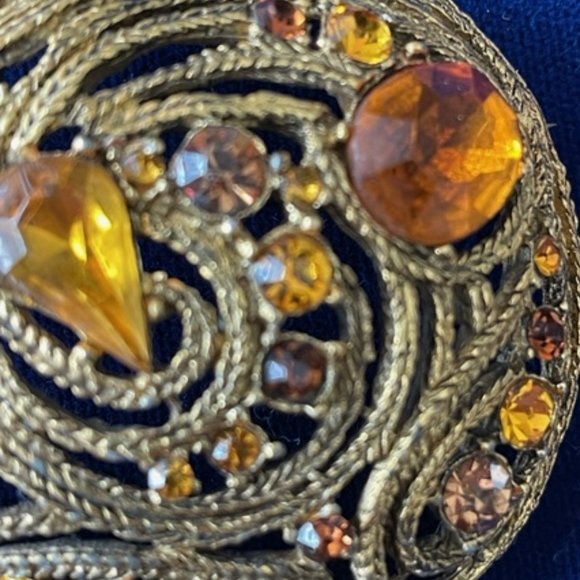 Vintage AMBER AND TOPAZ RHINESTONE BROOCH Gold Tone Braided Pot Metal Pre 1950's - Picture 8 of 12
